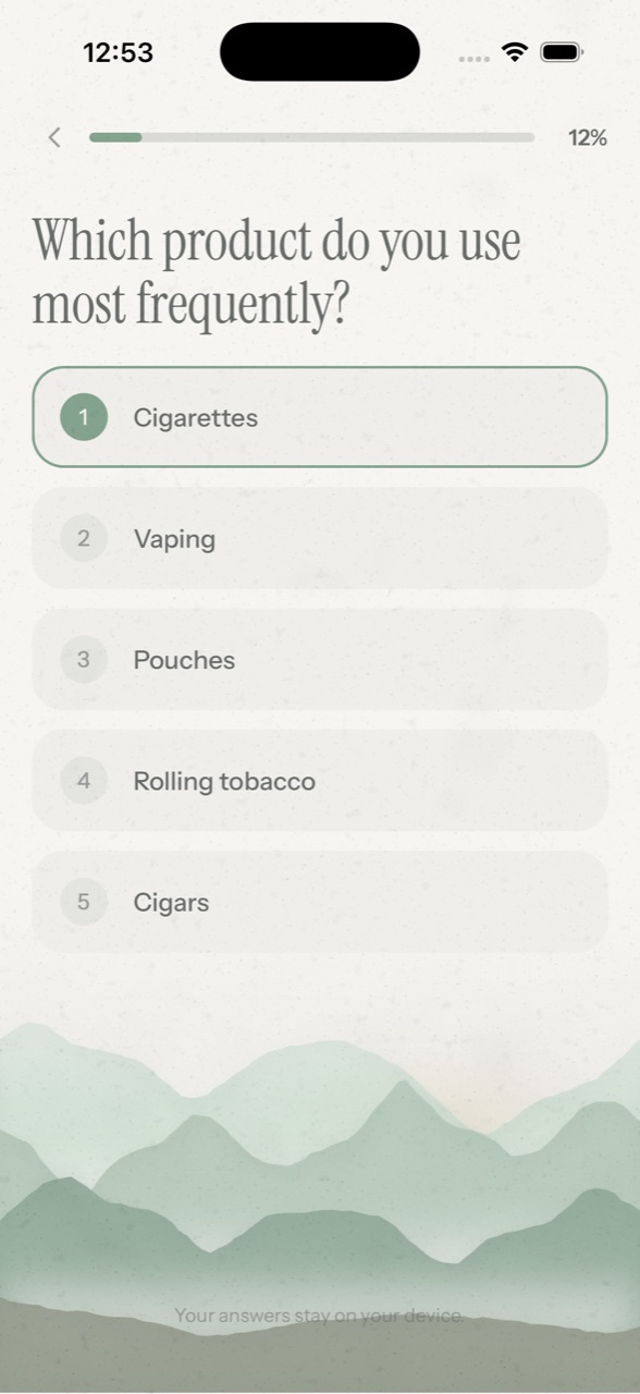 The quiz: which product do you use most frequently, with five answers over a watercolor mountain range