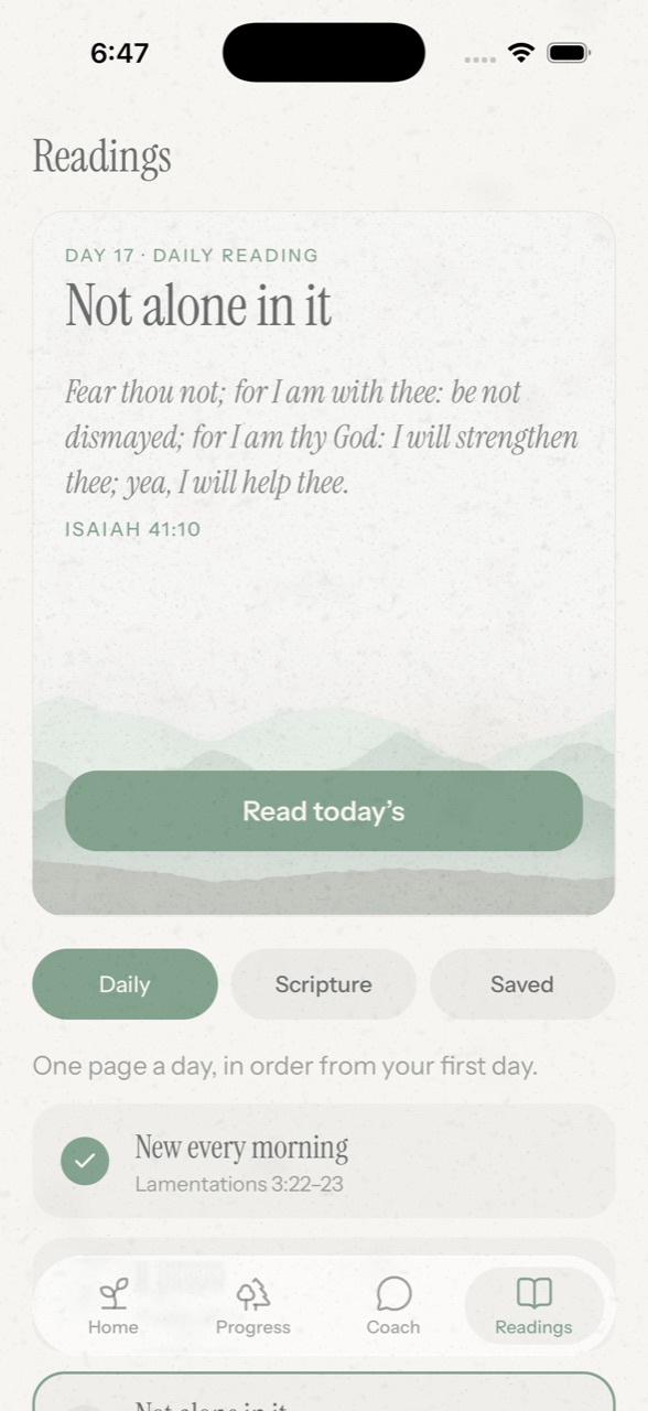 The Readings tab: today's reading, Not alone in it, Isaiah 41:10, over the range
